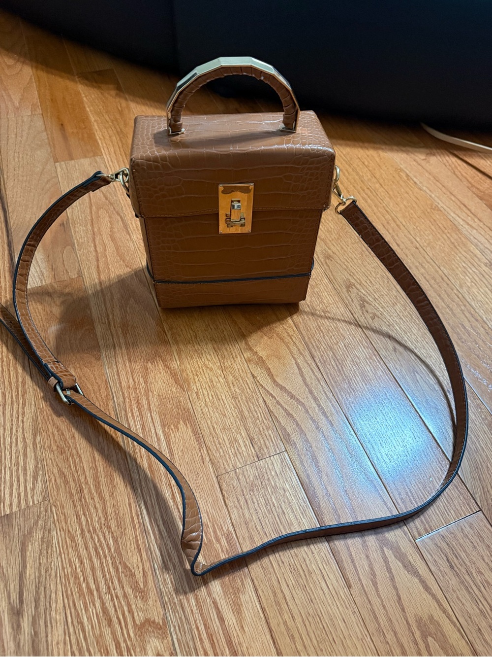 Brown Croc-Embossed Top Handle Crossbody Bag